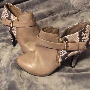Heeled booties with snake skin accent